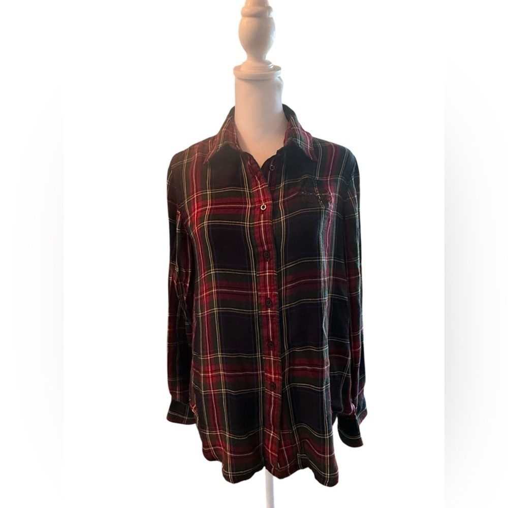 Ralph Lauren Red & Green monogrammed flannel PJ Plaid Shirt Women’s Size Medium